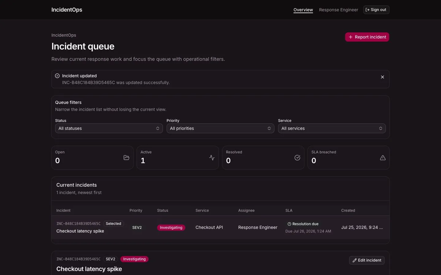 IncidentOps desktop dashboard with queue filters, operational counters, an active incident, and its SLA deadline
