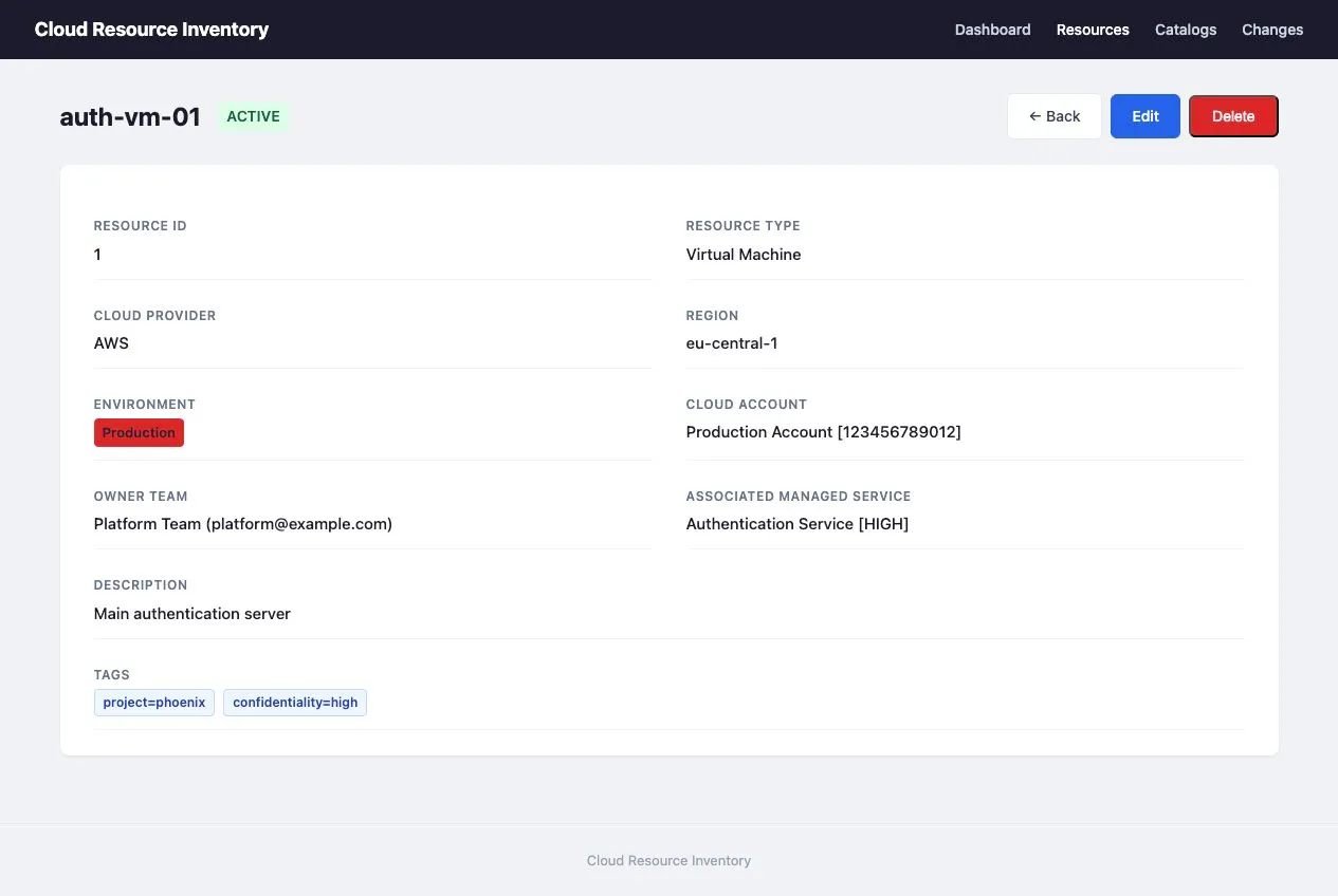 Detalji cloud resursa sa vlasnikom, provajderom, okruženjem, servisom i oznakama