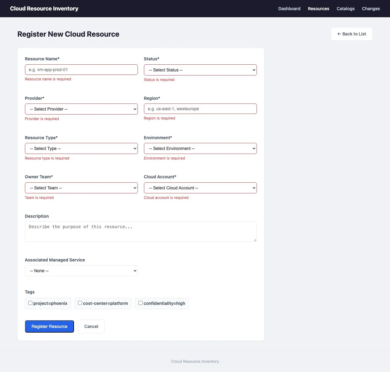Forma za novi cloud resurs sa greškama validacije uz odgovarajuća polja